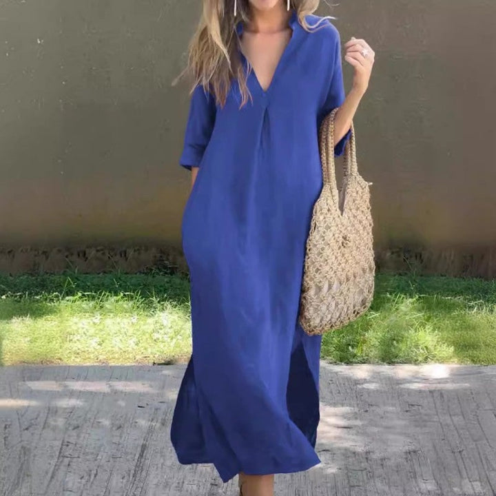 Vestido casual de linho com decote em V