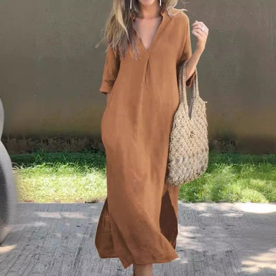 Vestido casual de linho com decote em V