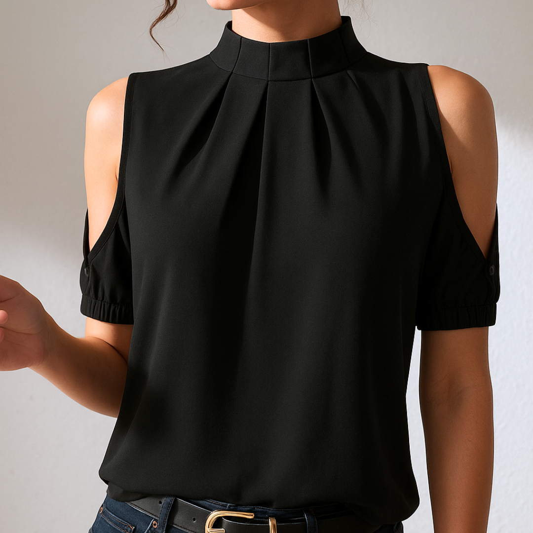 Inge™ | Blusa Preta Plissada com Mangas Divididas