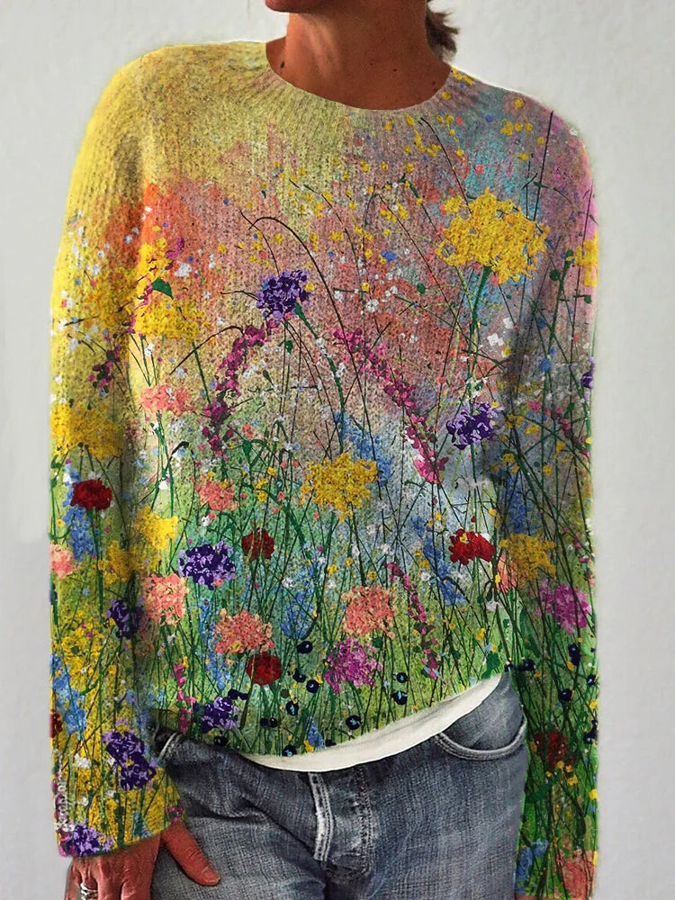 Camisola aconchegante com pintura a óleo de flores