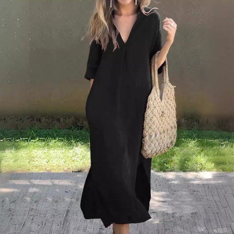 Vestido casual de linho com decote em V