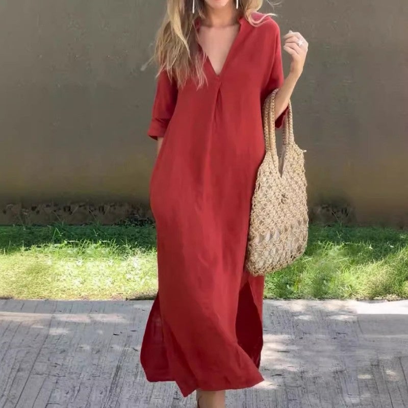 Vestido casual de linho com decote em V