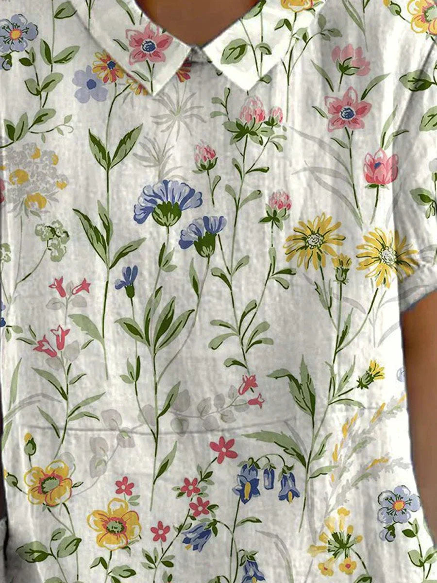 Camila - Camisa casual feminina em algodão e linho com estampado floral retro