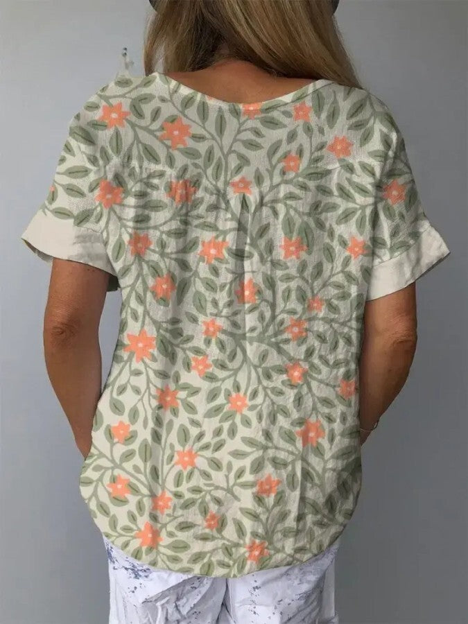 Aida - Camisa casual para mulher em algodão e linho com um bonito design floral e estampado artístico